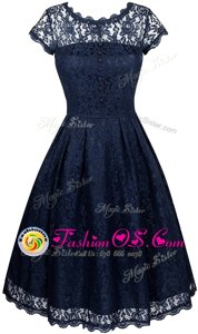 Artistic Scalloped Lace Prom Dresses Navy Blue Zipper Short Sleeves Tea Length