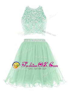 Smart Apple Green Two Pieces Halter Top Sleeveless Organza Mini Length Clasp Handle Beading Prom Dress