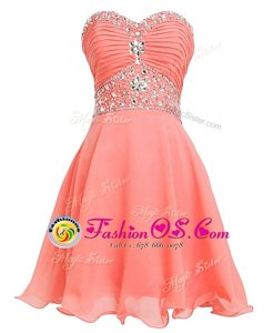 Watermelon Red Empire Sweetheart Sleeveless Organza Mini Length Lace Up Beading and Belt Cocktail Dresses