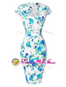 Blue And White Zipper Sweetheart Pattern and Belt Prom Dress Chiffon Cap Sleeves