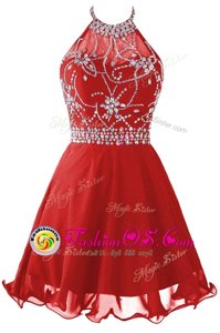 Great Mini Length Red Homecoming Dress Halter Top Sleeveless Zipper