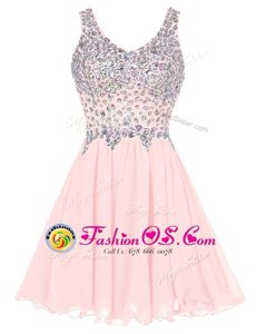 Flare Halter Top Hot Pink Organza Zipper Prom Gown Sleeveless Mini Length Beading