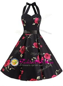 Halter Top Black Sleeveless Knee Length Sashes|ribbons and Pattern Zipper Homecoming Dress