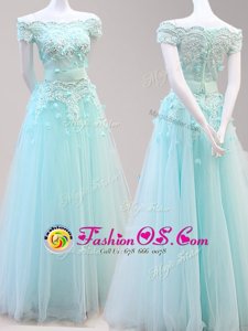New Style Light Blue Homecoming Gowns Prom and For with Beading and Appliques Off The Shoulder Cap Sleeves Zipper