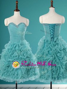 Exceptional Turquoise A-line Organza Sweetheart Sleeveless Beading and Ruffles Mini Length Lace Up Prom Dress
