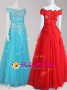 Off the Shoulder Cap Sleeves Floor Length Beading and Appliques Zipper Prom Evening Gown with Aqua Blue