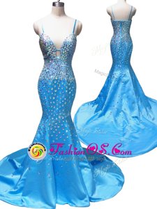 Mermaid Baby Blue Sleeveless With Train Beading Zipper Prom Dresses