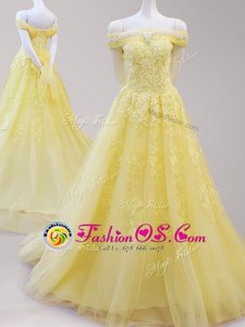 Yellow A-line Off The Shoulder Cap Sleeves Tulle Lace Up Beading and Appliques Oscars Dresses