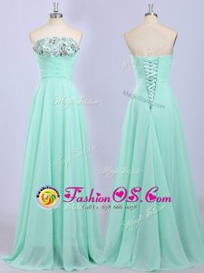 Hot Sale Apple Green Empire Strapless Sleeveless Chiffon Floor Length Lace Up Beading Prom Gown