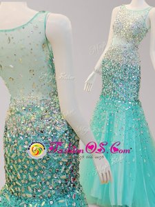Elegant Mermaid Scoop Sleeveless Evening Dresses Brush Train Beading Turquoise Tulle
