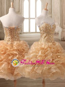 Beautiful Beading and Ruffles Prom Evening Gown Gold Lace Up Sleeveless Tea Length