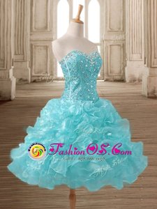Aqua Blue Organza Lace Up Sweetheart Sleeveless Mini Length Prom Party Dress Beading and Ruffles