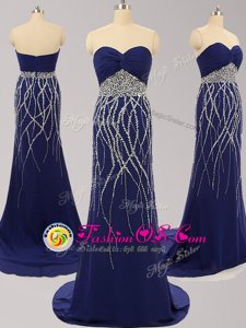 Amazing Sleeveless Beading Zipper Dress for Prom with Navy Blue Brush Train