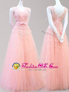 Super Sleeveless Tulle Floor Length Lace Up Dress for Prom in Baby Pink for with Appliques and Bowknot