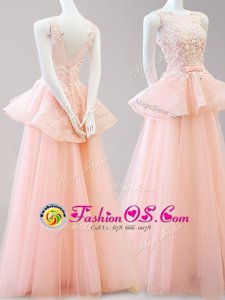 High End Scoop Floor Length Backless Peach and In for Prom with Appliques and Belt