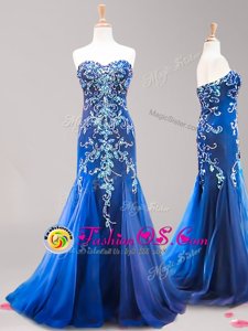 Sweet Mermaid Tulle Sleeveless Evening Dress Brush Train and Beading and Appliques