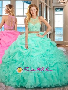 Exquisite High-neck Sleeveless Lace Up Sweet 16 Quinceanera Dress Apple Green Organza