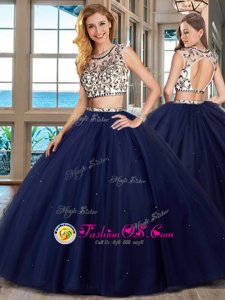 Scoop Navy Blue Tulle Backless Sweet 16 Dresses Cap Sleeves With Brush Train Beading