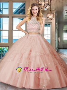 Pink Tulle Backless Halter Top Sleeveless Floor Length Quinceanera Gowns Beading and Ruffles