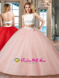 Glorious Floor Length Pink 15th Birthday Dress Straps Sleeveless Backless