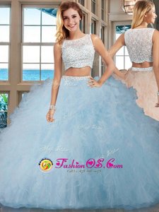Sleeveless Tulle Floor Length Side Zipper Quinceanera Dress in Light Blue for with Beading and Ruffles
