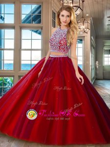 Scoop Red Sleeveless Beading Backless Quinceanera Gown