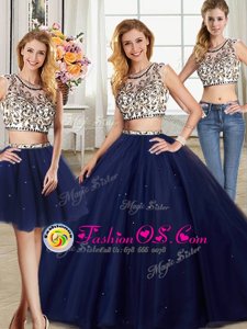 Trendy Three Piece Scoop Navy Blue Tulle Backless Quinceanera Dresses Cap Sleeves With Brush Train Beading