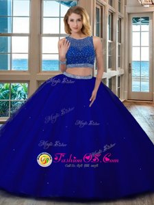 Charming Scoop Backless Royal Blue Sleeveless Beading Floor Length 15 Quinceanera Dress