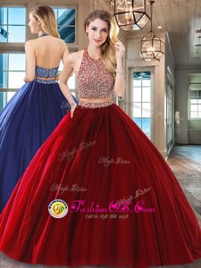Custom Fit Halter Top Sleeveless Backless Floor Length Beading Quinceanera Gown