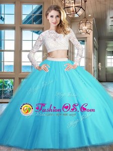 Scoop Floor Length Baby Blue Quinceanera Dresses Tulle Long Sleeves Beading and Lace