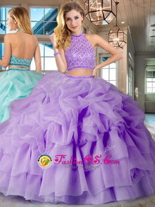 Delicate Lavender Two Pieces Halter Top Sleeveless Organza Brush Train Backless Beading and Ruffled Layers and Pick Ups Quinceanera Gown