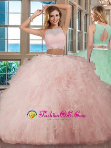 Extravagant Scoop Pink Tulle Backless 15th Birthday Dress Sleeveless Floor Length Beading and Ruffles