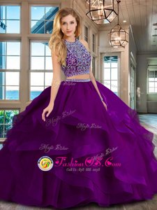 Colorful Scoop Sleeveless Floor Length Beading and Ruffles Backless Quinceanera Dresses with Purple