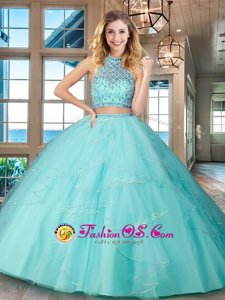 Exceptional Halter Top Backless Tulle Sleeveless Floor Length Sweet 16 Dress and Beading and Ruffles
