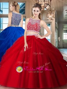 Beading and Pick Ups Sweet 16 Dress Red Side Zipper Sleeveless Floor Length