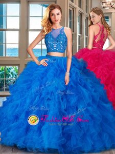 Great Scoop Sleeveless Tulle Floor Length Zipper Quinceanera Gowns in Blue for with Beading and Ruffles