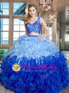 Multi-color V-neck Zipper Lace and Ruffles Ball Gown Prom Dress Sleeveless
