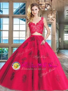Red Tulle Zipper V-neck Sleeveless Floor Length 15th Birthday Dress Lace and Appliques