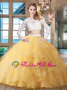 Great Gold Quinceanera Gown Scoop Long Sleeves Brush Train Zipper