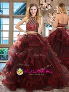 Halter Top Sleeveless Tulle Quinceanera Gown Beading and Ruffles Brush Train Backless