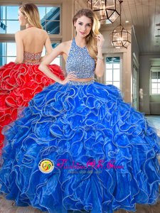 Halter Top Royal Blue Organza Backless Quinceanera Dress Sleeveless Floor Length Beading and Ruffled Layers
