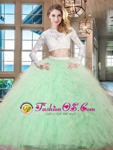 Scoop Apple Green Long Sleeves Tulle Zipper Ball Gown Prom Dress for Military Ball and Sweet 16 and Quinceanera