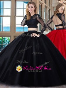 Backless Scoop Long Sleeves Quinceanera Dress Floor Length Appliques Black and Red Tulle