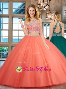 Customized Scoop Watermelon Red Sleeveless Tulle Backless Ball Gown Prom Dress for Military Ball and Sweet 16 and Quinceanera