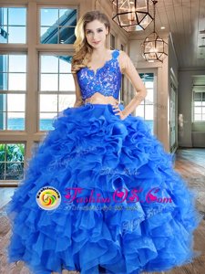 Organza V-neck Sleeveless Zipper Lace and Ruffles Quince Ball Gowns in Blue