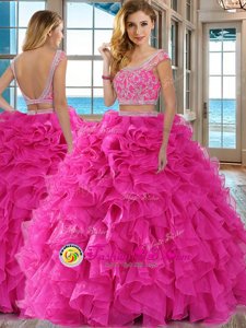 Hot Pink Two Pieces Scoop Cap Sleeves Organza Floor Length Backless Beading and Ruffles Vestidos de Quinceanera