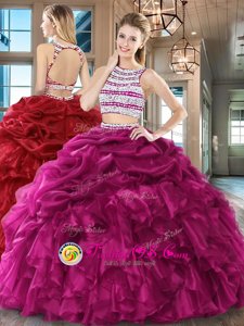 Stylish Scoop Sleeveless Backless Floor Length Beading and Ruffles and Pick Ups Quinceanera Gown