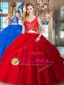 Fancy Scoop Red Backless Sweet 16 Dresses Beading and Pick Ups Sleeveless Floor Length