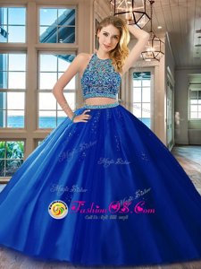 Extravagant Scoop Royal Blue Tulle Backless Ball Gown Prom Dress Sleeveless Floor Length Beading