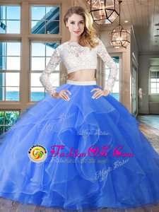 Scoop Long Sleeves Brush Train Zipper Beading and Lace and Ruffles 15 Quinceanera Dress
